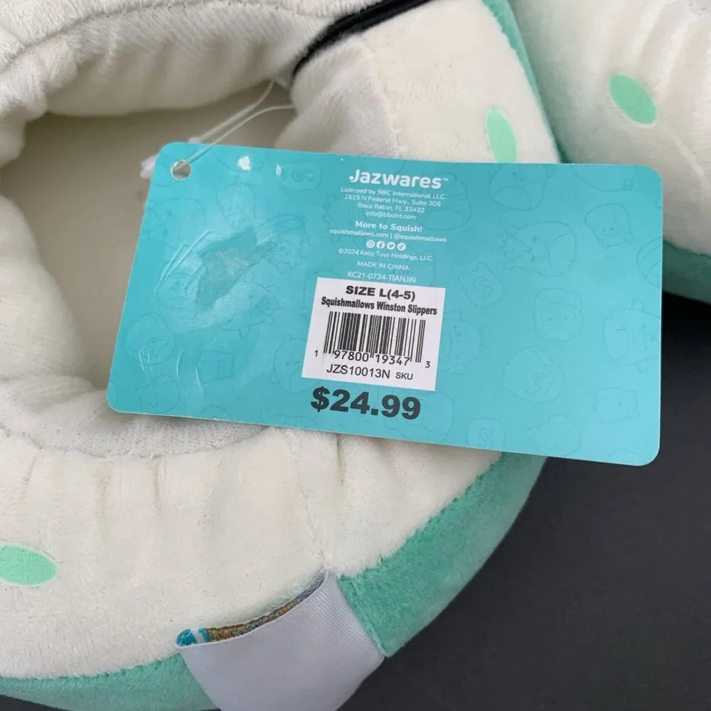 Squishmallows Winston the Owl Plush Slippers Kids Size‎ L 4-5 Teal White New